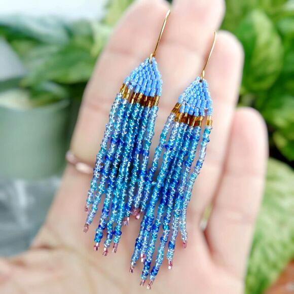 Boho Beaded Fringe Cascade Shoulder Duster Dangle Earrings, Blue & Gold 3.5" - Picture 4 of 10